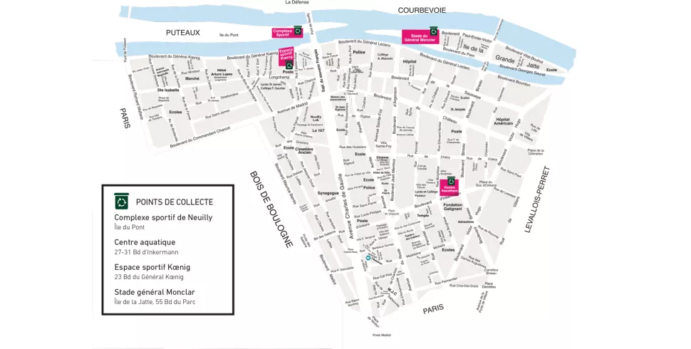 Plan de localisation des 4 points de collecte des articles de sports et loisirs à Neuilly © 