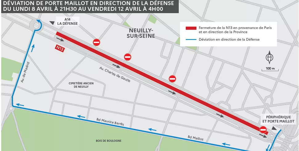 Plan de déviation Porte Maillot vers La Défense - travaux réfection des enrobés RN13 - Avril 2024 © 