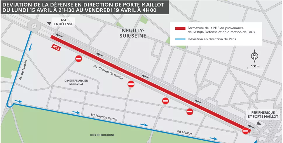 Plan de déviation de La Défense vers Porte Maillot - travaux réfection des enrobés RN13 - Avril 2024 © 
